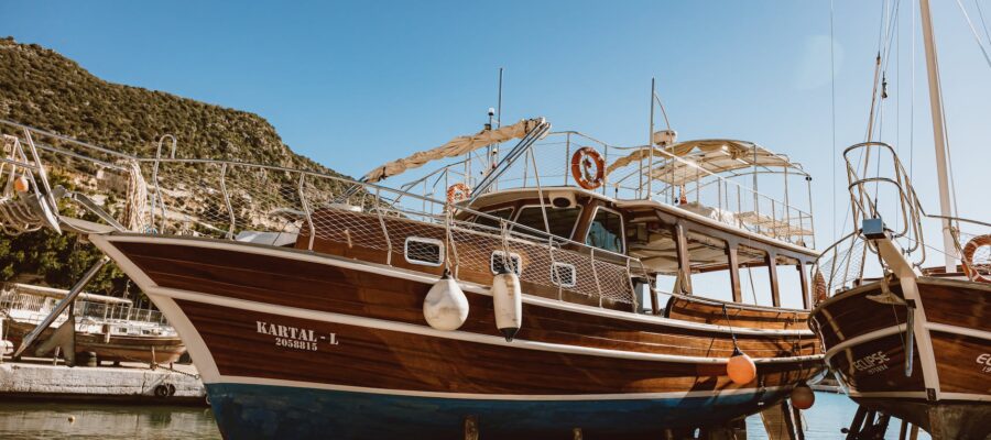 docked boats on a shore