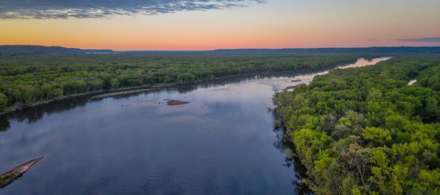 aerial view of mississippi river at sunset