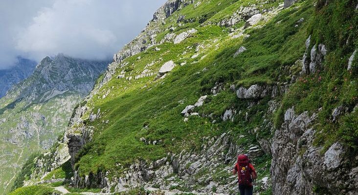 scenic mountain hiking trail under cloudy sky