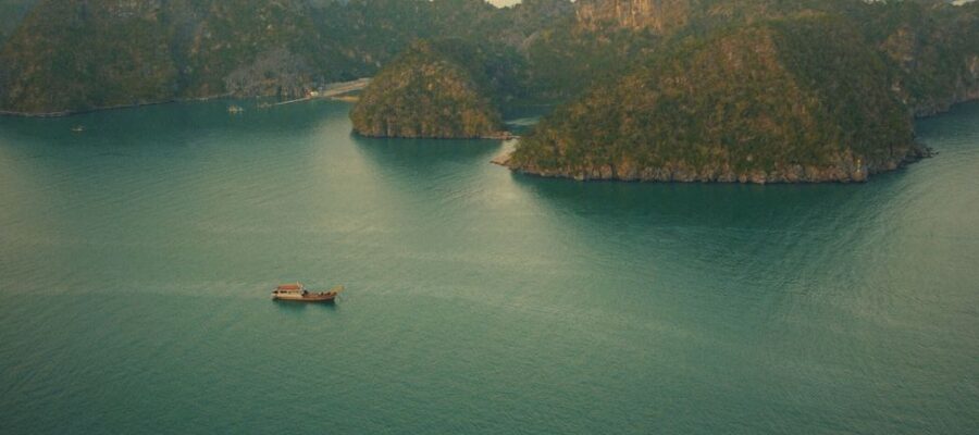 scenic aerial view of ha long bay at sunset