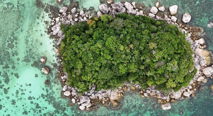 aerial view of tropical island surrounded by turquoise waters